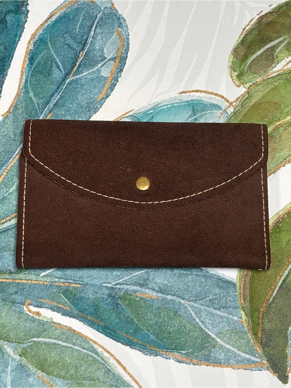 Brown Suede Envelope Wallet with Brass Snap